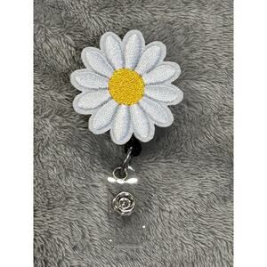 White Daisy Embroidered Retractable ID Badge Snap Holder Alligator Clip